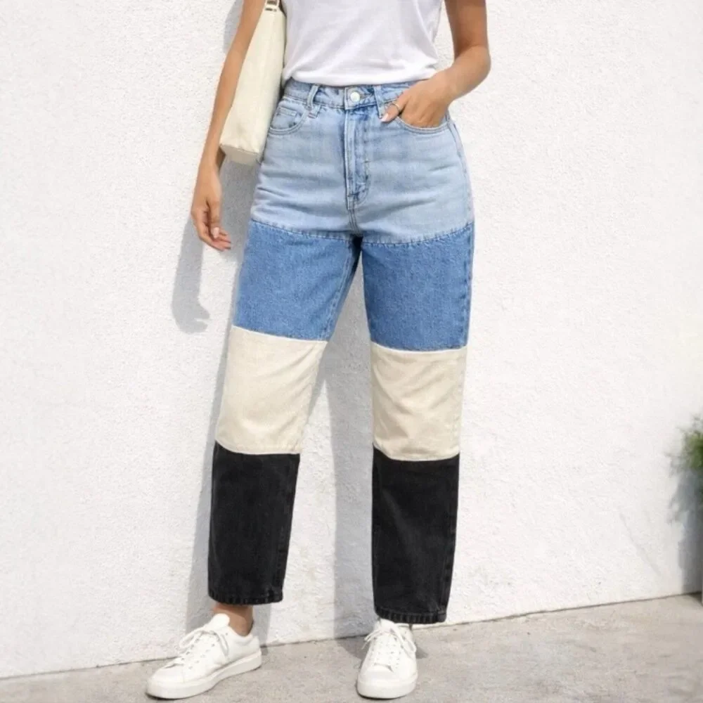 Blank NYC Colorblock Patchwork Denim Jeans High Rise Straight Leg Womens 28